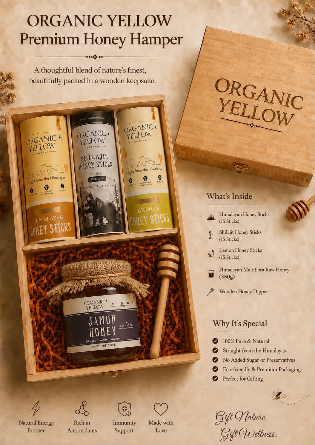 Organic Yellow Premium Honey Hamper — Himalayan, Shilajit and Lemon honey sticks, Jamun raw honey jar and a wooden dipper in a wooden keepsake box
